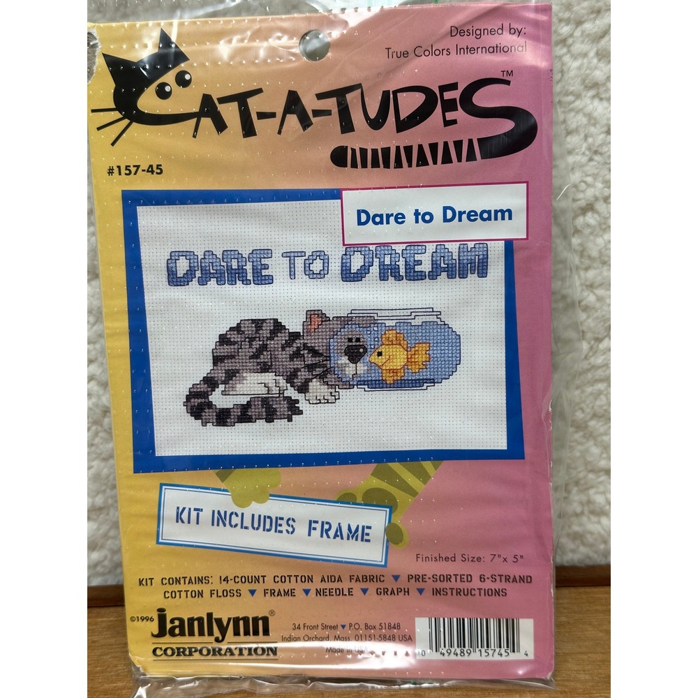 Cross Stitch Kit Cat-A-Tudes Dare to Dream 157-45 Vintage 1996 Cat Frame